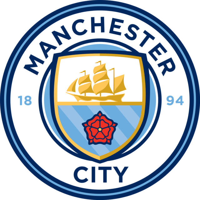 Manchester City Football Club crest featuring a gold ship, red rose and blue shield, with 