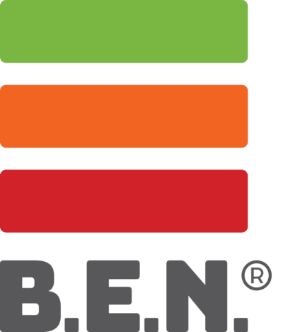 B.E.N. logo featuring green, orange and red horizontal bars above bold grey lettering with a registered trademark symbol.