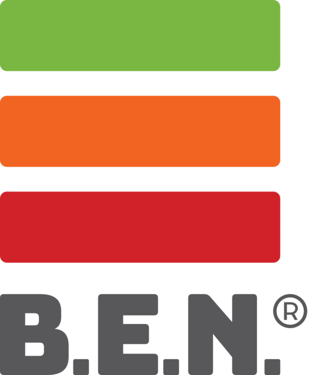 B.E.N. logo featuring green, orange and red horizontal bars above bold grey lettering with a registered trademark symbol.