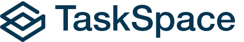 TaskSpace logo featuring a layered geometric cube icon in navy blue alongside the word “TaskSpace” in matching navy text.