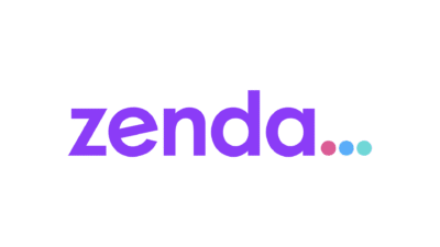Zenda logo featuring the company name in purple lowercase lettering on a black background with pink, blue and turquoise dots.