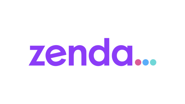Zenda logo featuring the company name in purple lowercase lettering on a black background with pink, blue and turquoise dots.