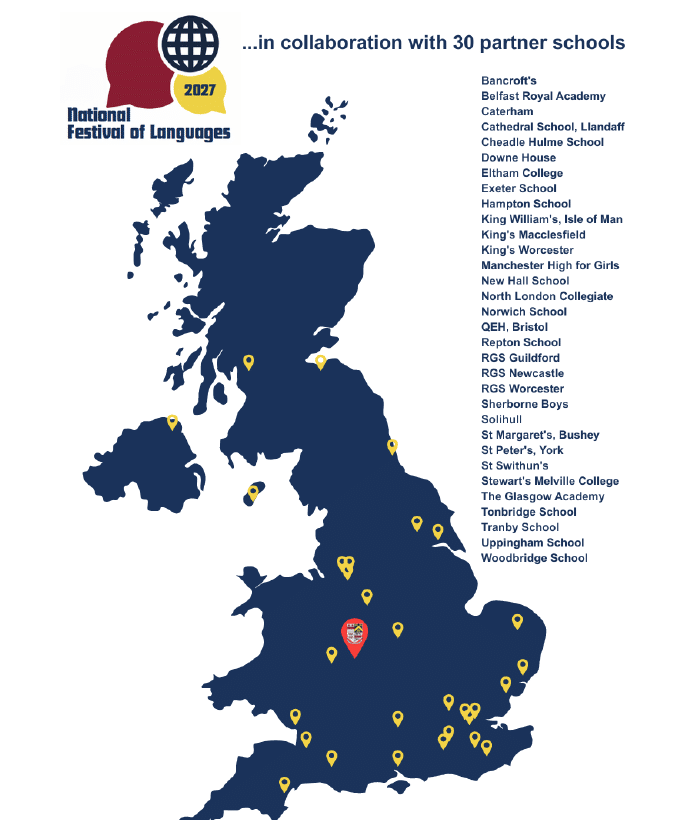 National Festival of Languages 2027 graphic showing a map of the UK with location markers for participating schools, alongside a list of 30 partner schools across the UK and Isle of Man.