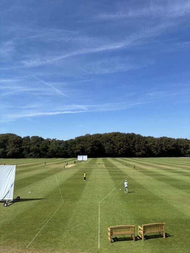 Cricket matches taking place across two pitches at a school sports ground, surrounded by trees under a clear blue sky.